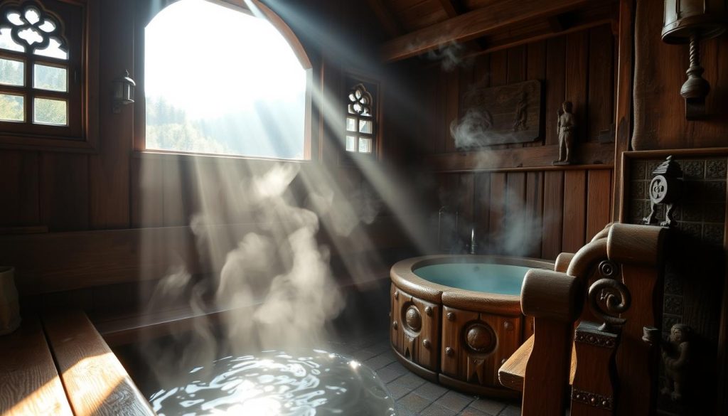 Karpatski banya: a traditional Carpathian bathhouse nestled amidst lush, rolling hills. Steaming hot wooden interiors, ornate carved benches, and a soothing, eucalyptus-scented atmosphere. Beams of sunlight stream through ornate windows, illuminating the rustic, weathered timber. Wisps of fragrant steam curl upwards, beckoning visitors to relax and unwind. In the adjacent cool room, a plunge pool awaits, its crystal-clear waters promising a rejuvenating chill. Carved wooden figurines and intricate tilework adorn the walls, evoking the rich cultural heritage of the region. Soft, ambient lighting casts a warm, inviting glow, creating an atmosphere of tranquility and wellness.