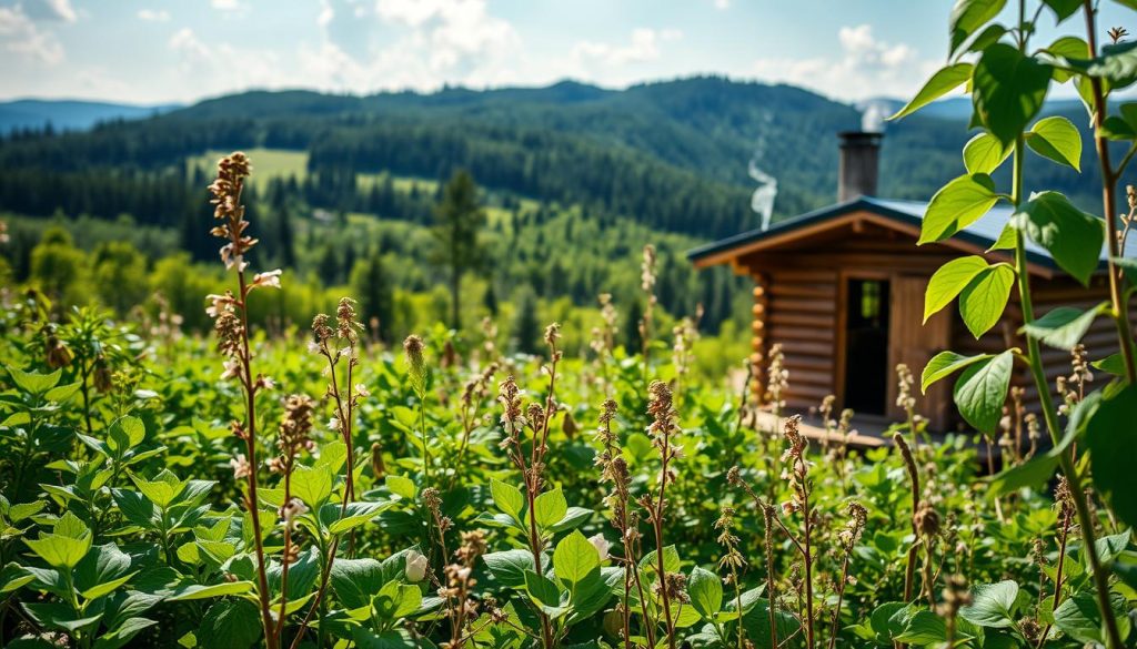 Lush, verdant field of healing herbs and botanicals for traditional Ukrainian wooden spas. Vibrant green leaves, delicate petals, and earthy stems cascade across the foreground, gently illuminated by soft, natural lighting. In the middle ground, a rustic wooden sauna with a chimney rises, steam gently curling upwards. The background features a serene landscape of rolling hills, dense forests, and a clear blue sky above. The overall atmosphere is one of tranquility, wellness, and the restorative power of nature.