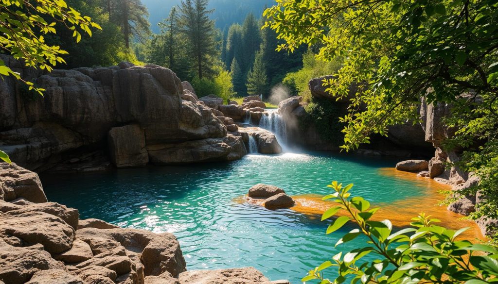 Majestic Carpathian mineral springs, a natural wonder nestled in the verdant mountain landscape. Crystalline waters bubbling forth from the earth, each source with its own unique mineral composition and healing properties. Towering peaks and dense forests provide a serene, secluded backdrop, inviting visitors to bask in the restorative powers of these ancient springs. Warm, diffused light filters through the canopy, casting a soft, ethereal glow over the scene. Dramatic shadows emphasize the organic, rugged textures of the rock formations surrounding the springs. Lush, vibrant foliage frames the captivating natural spectacle, creating an atmosphere of tranquility and rejuvenation.
