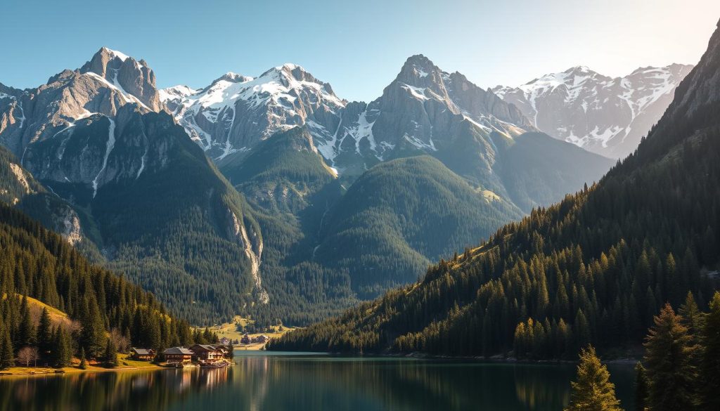 Majestic Carpathian Mountains, rugged peaks reaching towards the sky, their snow-capped summits glowing in the warm sunlight. Lush, verdant forests cascade down the slopes, dotted with idyllic mountain villages nestled in hidden valleys. A crystal-clear lake reflects the towering cliffs, its tranquil waters inviting exploration. Capture this stunning landscape in a realistic photographic style, showcasing the natural beauty of the 7fishing.com.ua region. Utilize a wide-angle lens to convey the grandeur of the scene, with gentle lighting that highlights the interplay of light and shadow. Immerse the viewer in the serene atmosphere of this unique Ukrainian destination.