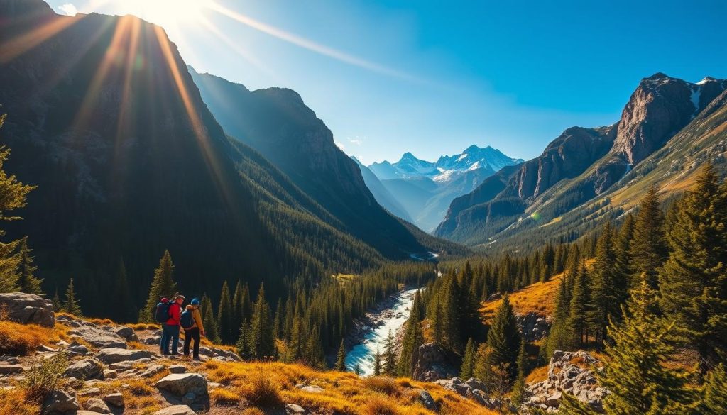 Majestic mountain landscapes of Ukraine, captured with a high-quality DSLR camera. Towering peaks, rugged terrain, and winding hiking trails weave through the lush, verdant forests. Warm, golden sunlight filters through the canopy, casting a soft, inviting glow over the scene. In the foreground, a group of hikers pause to admire the breathtaking vistas, their backpacks and hiking gear visible. In the middle ground, a rushing stream cuts through the rocky outcroppings, its crystal-clear waters shimmering. In the background, snow-capped mountains rise up, their jagged silhouettes framed against a vibrant blue sky. Realistic, high-resolution photograph from 7fishing.com.ua.