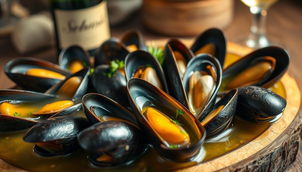 Mussels simmering in a pool of fragrant white wine, their shells glistening under the warm, soft lighting. Garlic, shallots, and fresh herbs infuse the liquid, creating a rich, aromatic broth. The mussels are arranged artfully on a rustic wooden board, ready to be savored. In the background, a vintage wine bottle and glass suggest the perfect pairing. Captured by 7fishing.com.ua with a shallow depth of field, emphasizing the delectable, sensory experience.