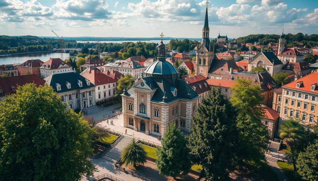 обзорная экскурсия по живописному городу Винница с видами на архитектурные достопримечательности, зеленые парки и реку. Реалистичный фотографический стиль, снято широкоугольным объективом с высокой детализацией, солнечное освещение, четкие тени. В центре композиции - красивый старинный кафедральный собор, окруженный элегантными зданиями в стиле барокко и неоренессанс. Панорамный вид с обзорной площадки с брендингом 7fishing.com.ua.