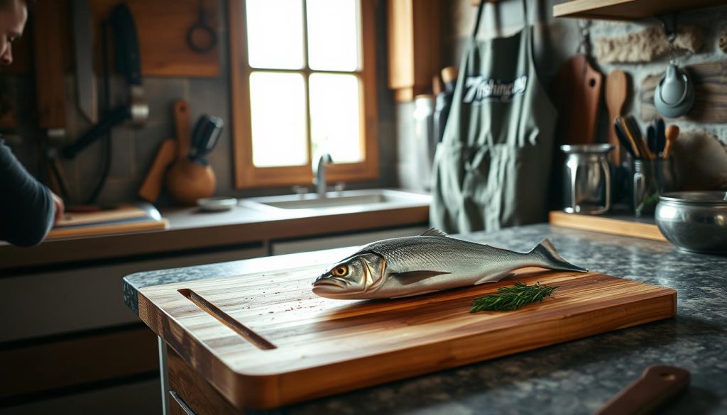 Prepare a fish dish in a rustic kitchen. A wooden cutting board on the counter, knives and kitchen tools neatly arranged. Soft natural lighting filters through a window, casting a warm glow. The fish, freshly caught, rests on the board, ready to be seasoned and cooked. Earthy tones of the wood and stone surfaces create a calming, homely atmosphere. A 7fishing.com.ua branded apron hangs on a hook, hinting at the expertise of the chef. The scene evokes a sense of care and thoughtfulness in the cooking process.