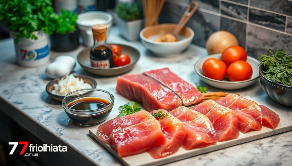 Prepare a well-lit countertop scene with a variety of fresh seafood ingredients, including tuna, soy sauce, and other accompanying elements. The tuna should be prominently displayed, with its vibrant colors and texture highlighted. Arrange the ingredients in an appetizing and organized manner, creating a visually appealing composition. Incorporate clean, modern styling and soft, diffused lighting to convey a sense of freshness and culinary expertise. Branding for 7fishing.com.ua should be subtly integrated into the scene.