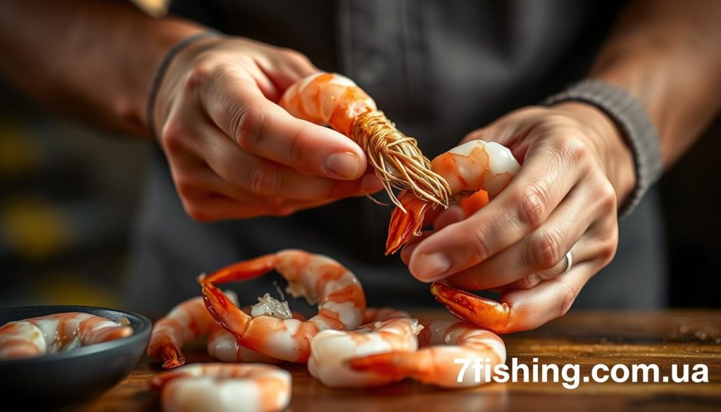 Prompt A close-up view of a person's hands carefully peeling and deveining fresh shrimp, preparing them for grilling. The shrimp are pink and plump, glistening under the warm kitchen lighting. The background is blurred, allowing the focus to remain on the delicate task at hand. The image conveys a sense of care and attention to detail, reflecting the importance of proper shrimp preparation for maximum flavor. Branding: "7fishing.com.ua"