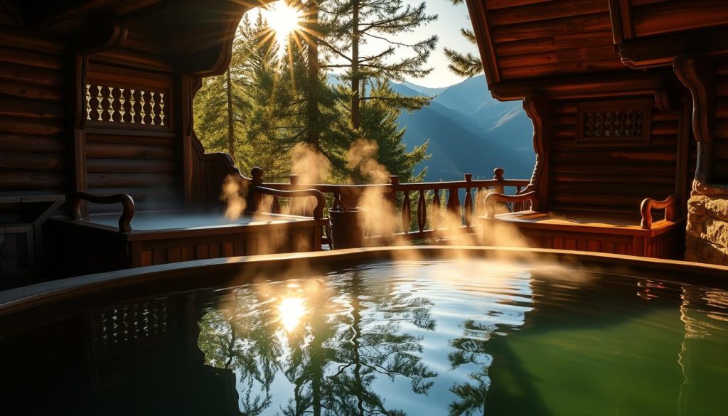 Prompt A cozy, rustic scene of traditional Carpathian wooden baths nestled in the lush, verdant Carpathian mountains. Sunlight filters through the wooden slats, casting a warm, golden glow across the steaming waters. The baths are adorned with intricate carvings and details, exuding a sense of timeless tradition and wellness. In the foreground, a serene pool reflects the surrounding pine trees and distant peaks, creating a tranquil and rejuvenating atmosphere. The image conveys the restorative, therapeutic nature of these historic Carpathian baths, inviting the viewer to immerse themselves in the natural healing properties of this unique mountain retreat.