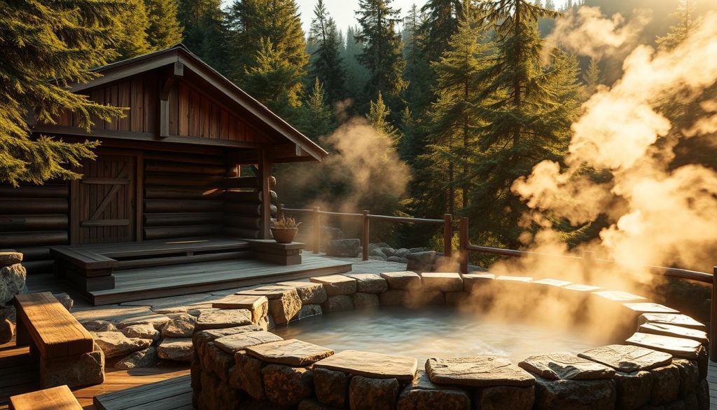Serene mountain landscape with a traditional Carpathian wooden bath house nestled among lush evergreen forests. Steam rises from a large, natural stone-lined hot tub or "chan" in the foreground, surrounded by wooden benches and heated stones. The warm, golden light filters through the trees, creating a cozy, rejuvenating atmosphere. Detailed textures of the weathered wood, steam, and natural elements convey the healing, therapeutic experience of this centuries-old bathing tradition. The scene evokes a sense of relaxation, wellness, and connection with the rugged beauty of the Carpathian mountains.