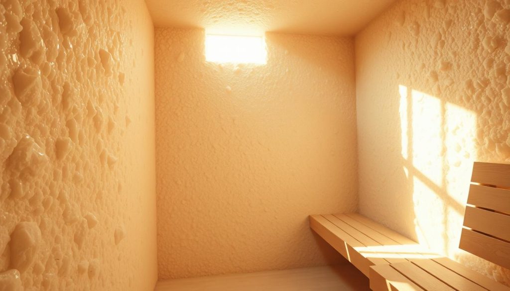 Soaring salt-encrusted walls in a serene bathhouse, capturing the tranquil ambiance of a traditional Russian sauna. The textured surface glistens under warm, diffused lighting, casting a soft, therapeutic glow. Sunlight filters through windows, casting dynamic shadows that dance across the salt-laden surfaces. The warm, humid air envelops the viewer, inviting them to experience the soothing, restorative properties of the salt-infused environment. Smooth, organic shapes and clean, minimalist design elements create a harmonious, spa-like atmosphere, promoting deep relaxation and wellness.