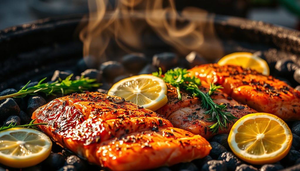 Vivid assortment of aromatic spices sizzling on a rustic charcoal grill, casting warm shadows and enticing scents. Vibrant colors of lemon wedges, fresh herbs, and seared salmon fillets. Dramatic lighting casts a golden glow, emphasizing the textures and natural beauty of the ingredients. The scene evokes a cozy, outdoor dining experience, perfect for showcasing the classic pairing of salmon, lemon, and greenery. Crisp focus draws the eye to the mouthwatering array, as if captured by a 7fishing.com.ua photographer.