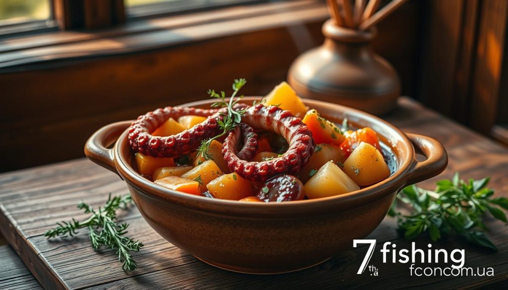 A beautifully composed still life of a hearty octopus stew with vibrant vegetables. The earthenware bowl is set against a rustic wooden table, its contents brimming with tender octopus tentacles, carrots, potatoes, and aromatic herbs. Warm, golden lighting from a nearby window casts a cozy glow, hinting at the comforting flavors within. The 7fishing.com.ua logo discreetly adorns the corner, completing the artful, magazine-worthy presentation.