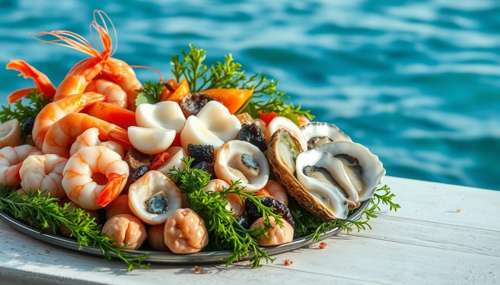 A bountiful arrangement of the sea's finest delicacies - plump shrimp, juicy scallops, succulent oysters, and vibrant seaweed - set against a backdrop of a serene, azure seascape. Soft, natural lighting illuminates the vibrant colors and textures, highlighting the tantalizing feast. The scene exudes a sense of coastal tranquility, inviting the viewer to explore the diverse and nourishing world of marine superfoods.
