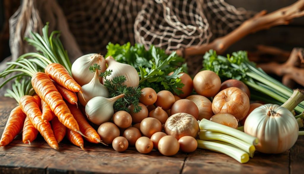 A bountiful assortment of fresh vegetables - carrots, onions, potatoes, and celery - arranged artfully on a rustic wooden table, illuminated by warm, natural lighting. The scene exudes a sense of culinary preparation, hinting at the purity and wholesomeness of the ingredients used in the traditional "uha" or fish soup recipe. In the background, a fishing net and some driftwood evoke the seaside setting, complementing the 7fishing.com.ua brand's focus on high-quality seafood and homemade recipes.