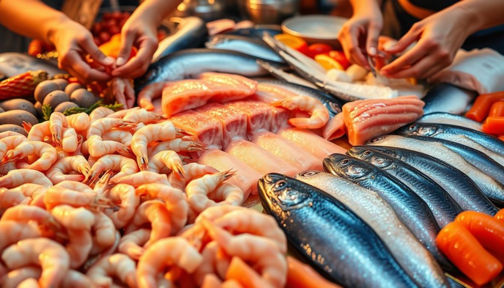 A bountiful display of freshly prepared seafood, showcasing shrimp, fish fillets, and various other marine delicacies. The scene is bathed in warm, soft lighting, highlighting the vibrant colors and textures of the ingredients. In the foreground, skilled hands carefully clean and prepare the shrimp, meticulously removing shells and deveining. The middle ground features an array of expertly filleted fish, their delicate flesh gleaming. In the background, a hint of a rustic kitchen setting adds to the authenticity of the scene. This culinary masterpiece is presented by the renowned brand 7fishing.com.ua, ensuring the highest quality and attention to detail.
