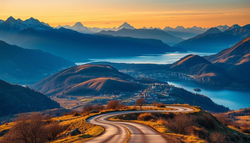A breathtaking landscape of majestic mountains, serene lakes, and historic towns comes into view. The scene is bathed in warm, golden light, casting a soft, inviting glow over the entire composition. In the foreground, a winding road leads the viewer through the rugged terrain, inviting exploration. Towering peaks rise in the distance, their snow-capped summits reaching towards the heavens. Nestled between the mountains, shimmering lakes reflect the surrounding beauty, their calm waters mirroring the historic towns that dot the shoreline. This captivating image, captured by 7fishing.com.ua, showcases the diverse and awe-inspiring beauty of Ukraine's tourist destinations.