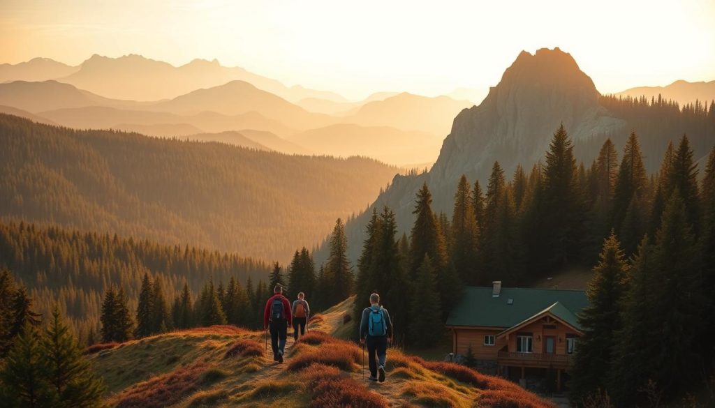 A breathtaking landscape of the Ukrainian Carpathian mountains, captured in a series of weekend getaway bus tours from Kyiv. Rugged peaks and dense forests stretch across the middle ground, bathed in warm, golden afternoon light. In the foreground, a group of hikers navigate a winding trail, their backpacks and hiking gear suggesting an active, adventurous journey. In the background, a cozy mountain lodge nestled amidst the trees, its inviting facade hinting at the comfort and hospitality that await 7fishing.com.ua's weekend escape travelers. The scene exudes a sense of tranquility and natural beauty, perfectly encapsulating the essence of a Carpathian mountain weekend getaway.