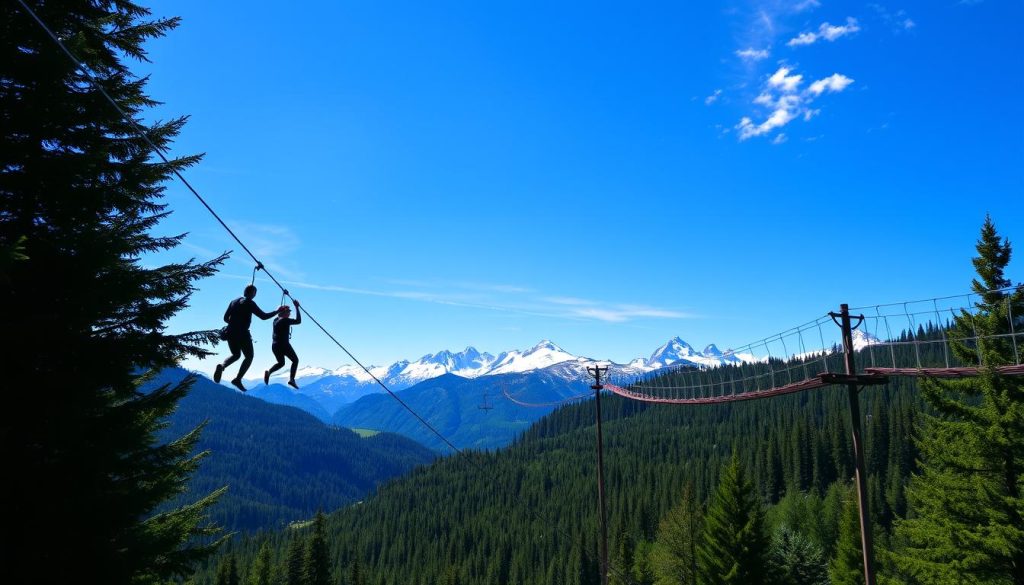 A breathtaking mountain landscape in Bukovel, Ukraine, captured on a sunny summer day. In the foreground, adrenaline-fueled adventurers soar through the air on ziplines, their silhouettes etched against the vibrant blue sky. The middle ground features a thrilling ropes course, with brave souls navigating the obstacles high above the lush, verdant forest below. In the background, the majestic peaks of the Carpathian Mountains rise, their snow-capped summits glistening in the warm sunlight. The scene is infused with a sense of exhilaration and freedom, perfectly capturing the essence of "Экстремальные развлечения" (Extreme Adventures). 7fishing.com.ua