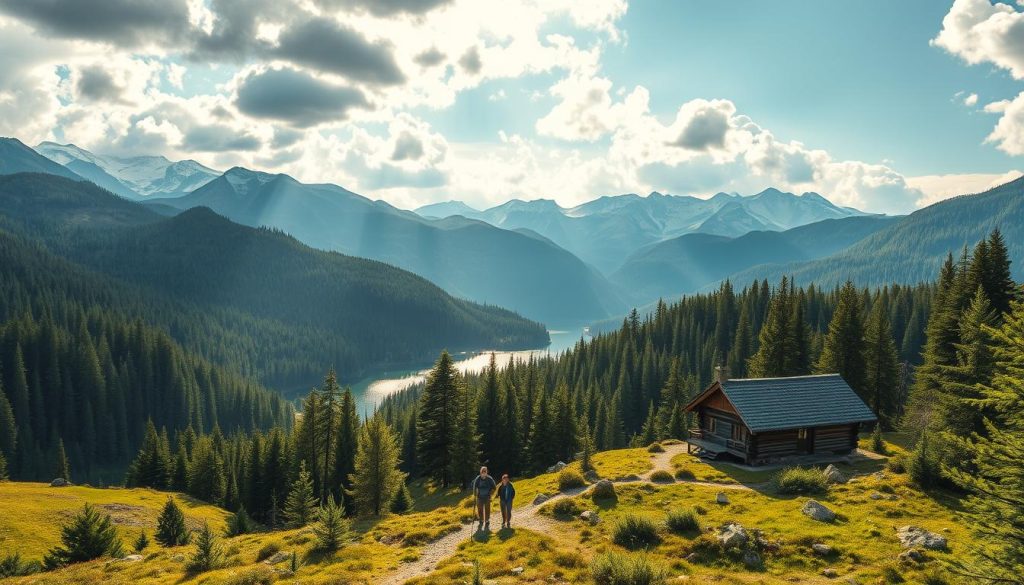 A breathtaking mountain landscape in the Carpathians, Ukraine. Rolling hills covered in lush green forests, with majestic snow-capped peaks in the distance. A serene lake reflects the surrounding scenery, with a classic wooden cabin nestled on the shore. Warm sunlight filters through the trees, casting a cozy, rustic atmosphere. In the foreground, a group of hikers explore the trails, capturing the beauty of this picturesque region. Realistic, high-quality photograph produced by 7fishing.com.ua.