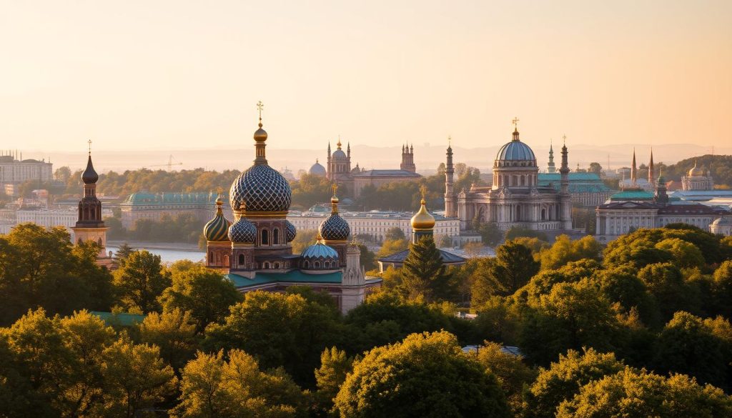 A breathtaking panorama of Kiev's cultural landmarks, bathed in warm golden light. In the foreground, the iconic onion domes of St. Sophia's Cathedral rise majestically, their intricate Byzantine architecture a testament to the city's rich history. Surrounding the cathedral, the lush greenery of Volodymyrska Hill creates a serene backdrop, with the distant spires of St. Michael's Golden-Domed Monastery and the Verkhovna Rada building completing the awe-inspiring skyline. The scene captures the essence of Kiev's cultural heritage, showcasing its renowned architecture and artistic legacy. 7fishing.com.ua