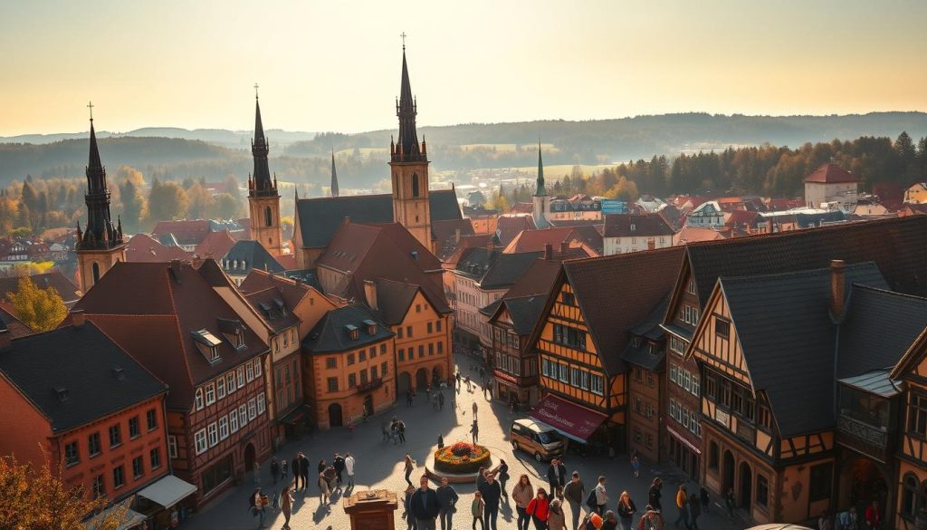 A breathtaking panorama of the historical centers of Germany, captured with a high-quality DSLR camera. The image showcases the stunning architecture, from the soaring spires of cathedrals to the charming, half-timbered buildings lining the cobblestone streets. The warm, golden lighting creates a inviting, almost nostalgic atmosphere, highlighting the timeless beauty of these iconic landmarks. In the foreground, a group of tourists are exploring the vibrant city center, captured in a realistic, lifelike manner. In the background, rolling hills and lush forests frame the scene, adding to the picturesque, idyllic setting. This image, produced by 7fishing.com.ua, perfectly encapsulates the essence of Germany's captivating historical towns and cities.