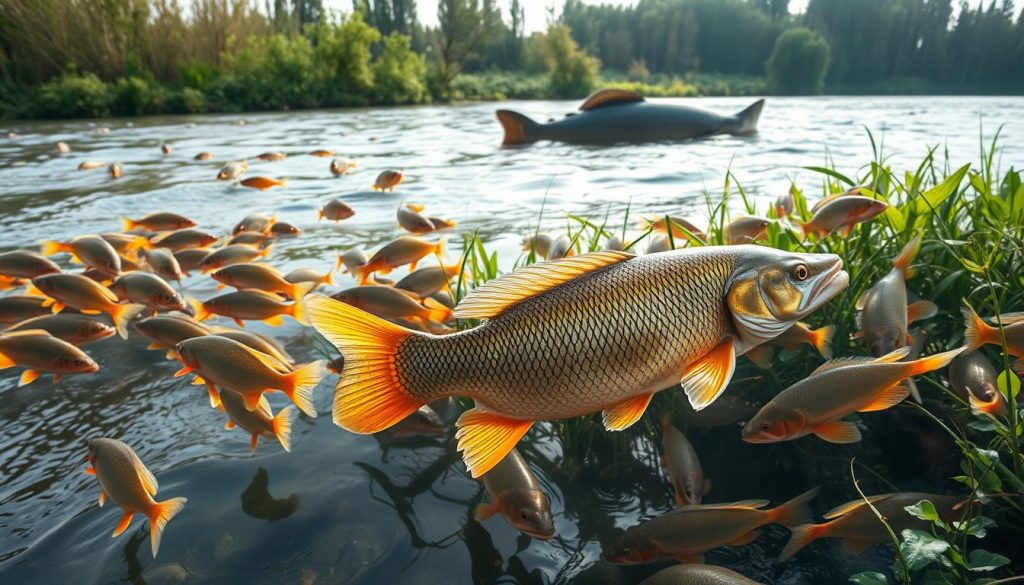 A breathtaking panorama of Ukrainian river fish in their natural habitats. In the foreground, a shoal of vibrant freshwater cyprinids - roach, bream, and carp - glide through the gently flowing waters. The middle ground reveals a pike lazily hunting among the dense aquatic vegetation, its fierce gaze and powerful body in sharp contrast to the more placid denizens. In the background, the silhouettes of sturgeon and catfish loom, hinting at the diversity of species that thrive in these rich, dynamic ecosystems. The scene is illuminated by soft, diffused natural light, casting a serene, almost ethereal atmosphere over the entire composition.