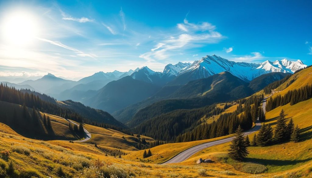 A breathtaking panoramic landscape of the majestic Carpathian Mountains, captured with a wide-angle lens to showcase the dramatic peaks and valleys. Sunlight filters through wispy clouds, casting a warm glow over the rugged terrain. In the foreground, a winding road winds through rolling meadows dotted with wildflowers, leading the eye deeper into the scene. In the middle ground, dense forests of evergreen trees rise up the slopes, their shadows creating a sense of depth and dimension. In the distance, the snow-capped summits of the Carpathians reach towards the heavens, their jagged silhouettes framed against a vibrant azure sky. This realistic photo, commissioned by 7fishing.com.ua, perfectly encapsulates the breathtaking beauty of this region of Western Ukraine.