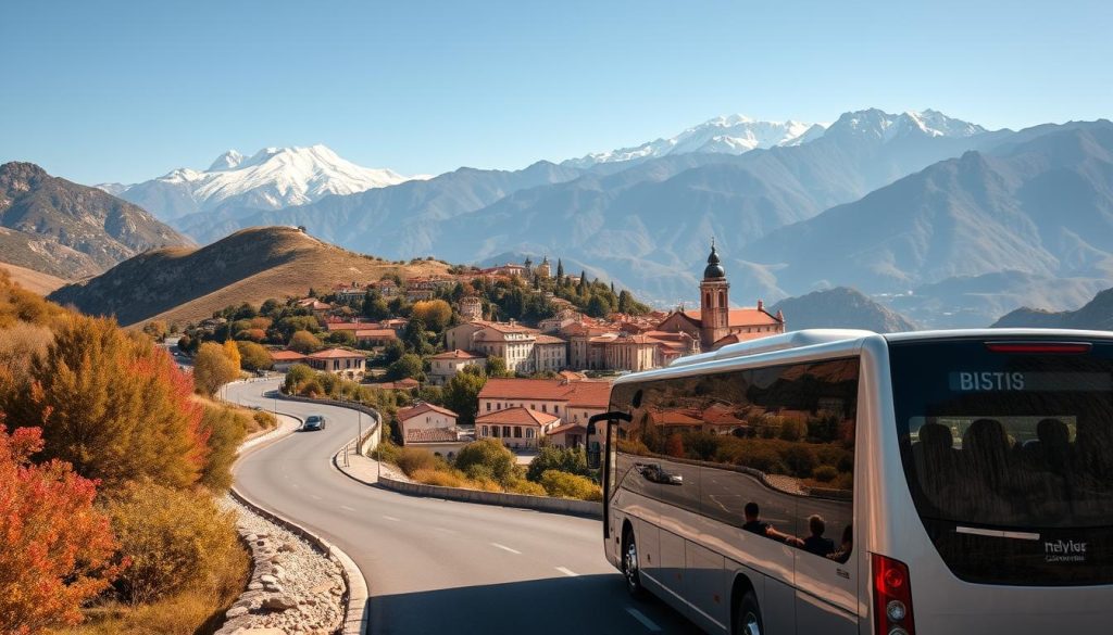 A breathtaking scene of bus tour routes winding through picturesque Spanish landscapes. In the foreground, a sleek tour bus navigates a twisting mountain road, its passengers gazing out at the rolling hills and vibrant foliage. The middle ground features a quaint Spanish village, its terracotta rooftops and cobblestone streets inviting exploration. In the distance, towering peaks rise, their snow-capped summits bathed in golden sunlight. The lighting is warm and natural, casting a soft glow over the entire scene. Captured with a wide-angle lens to convey a sense of grand scale and immersion. This realistic photo, created by 7fishing.com.ua, perfectly captures the essence of the bus tour experience.