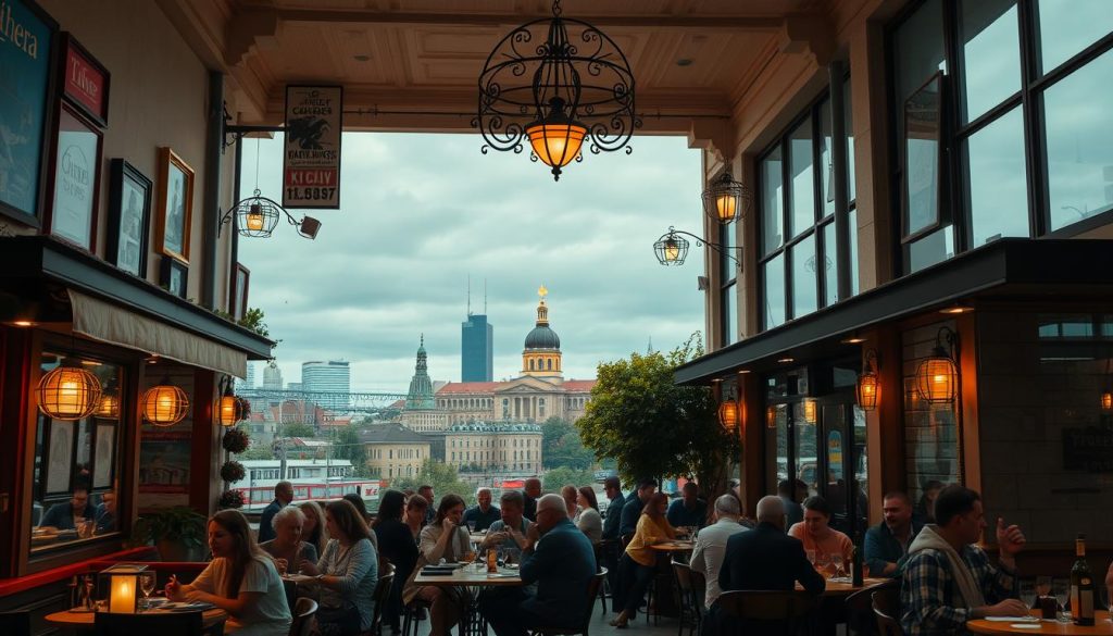 A bustling cafe and restaurant scene in the heart of Kiev, Ukraine. A warm, inviting atmosphere with intimate outdoor seating and cozy indoor spaces. Elegant, high-ceilinged interiors with vintage decor and local artwork. The aroma of freshly brewed coffee and sizzling dishes wafts through the air, enticing passersby. In the foreground, people enjoy leisurely meals and drinks, while in the background, the city's landmarks and modern architecture create a picturesque urban landscape. Soft, diffused lighting casts a golden glow, capturing the vibrant energy of this dynamic dining destination. Featuring the website 7fishing.com.ua.