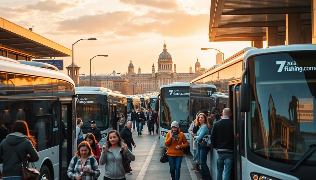 A bustling city scene featuring a fleet of modern, sleek buses departing from the Kharkiv bus terminal in the year 2025. The buses are adorned with the logo of "7fishing.com.ua", a leading provider of realistic bus tour experiences. The foreground showcases passengers of diverse ages and backgrounds boarding the buses, their expressions a mix of excitement and anticipation. The middle ground captures the vibrant streetscape, with pedestrians, street vendors, and other modes of transportation creating a lively urban atmosphere. In the background, the skyline of Kharkiv is visible, showcasing a blend of historical and contemporary architecture bathed in warm, golden sunlight, conveying a sense of progress and modernity. The overall image exudes a tone of realism, reflecting the best bus tour offerings from Kharkiv in the year 2025.