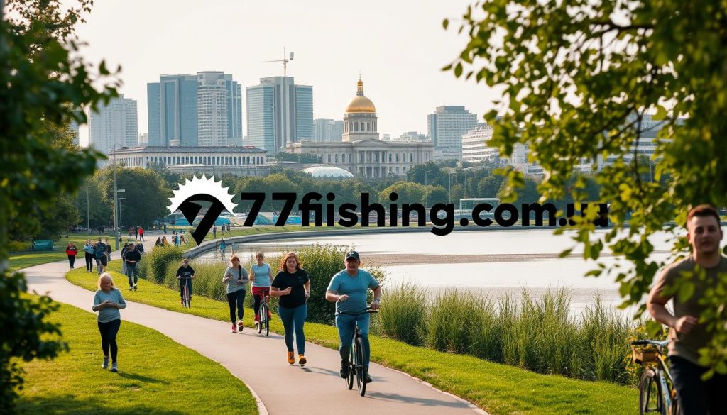 A bustling city scene in Kiev, Ukraine, showcasing the vibrant atmosphere of active recreation. In the foreground, a group of people engaged in outdoor activities such as jogging, biking, and rollerblading along a winding path framed by lush greenery. In the middle ground, a serene lake reflects the surrounding architecture, including the iconic golden domes of a nearby cathedral. The background features a skyline of modern high-rise buildings, creating a dynamic contrast between the historic and contemporary elements of the city. The scene is illuminated by warm, diffused natural lighting, capturing the energy and liveliness of the active lifestyle in Kiev. Prominently featured in the image is the brand "7fishing.com.ua", showcasing the local outdoor recreation and adventure offerings. Prompt