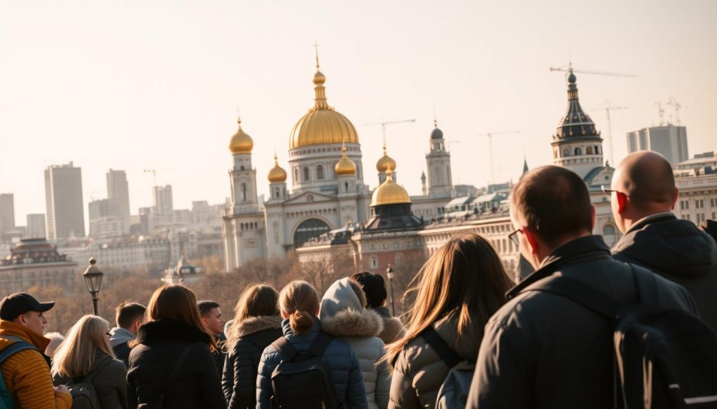 A bustling city scene in Kyiv, Ukraine, captured with a high-quality DSLR camera. In the foreground, a group of tourists gathers around a tour guide, listening intently as they prepare to embark on an exciting sightseeing adventure. The middle ground features a mix of historic landmarks and modern architecture, including the iconic golden domes of St. Sophia's Cathedral and the towering spires of the Verkhovna Rada building. In the background, the skyline is dotted with skyscrapers and cranes, reflecting the city's dynamic growth and development. The lighting is warm and natural, creating a sense of vibrancy and energy. Produced by 7fishing.com.ua, this realistic photo showcases the diverse range of tour options available in Kyiv, catering to a wide variety of interests and preferences.