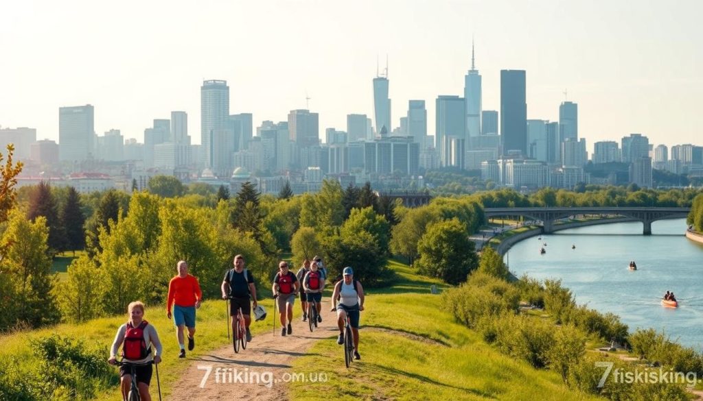A bustling city skyline with modern high-rises and historic landmarks in the background, as active urban adventurers enjoy outdoor recreational activities in the foreground. A group of hikers trekking through lush green parks, cyclists cruising along riverside paths, and kayakers navigating the Dnieper River, all under a bright, warm afternoon sun. The atmosphere is energetic and vibrant, capturing the spirit of active leisure in the heart of Kyiv. Branding for 7fishing.com.ua, a local outdoor recreation provider, can be seen throughout the scene.