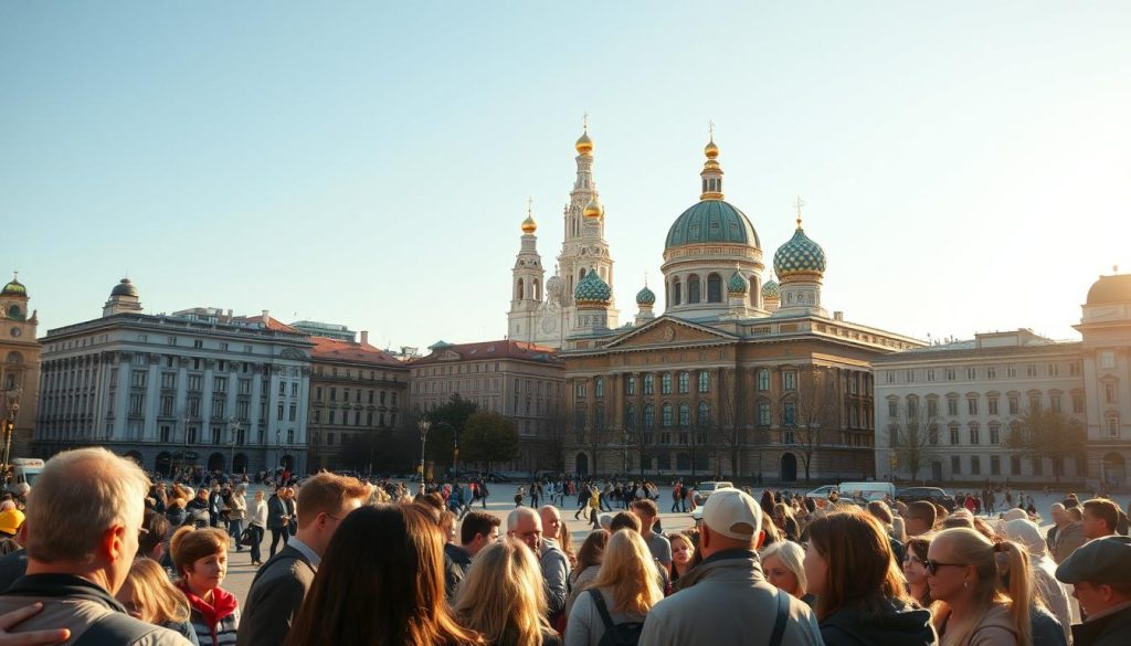 A bustling city square in Kiev, Ukraine, illuminated by warm afternoon sunlight. In the foreground, a group of tourists gathers around a tour guide, their faces alight with curiosity as they listen intently. The middle ground features a mix of historic architecture and modern buildings, creating a visually striking contrast. In the background, a towering cathedral stands tall, its domes and spires adding to the city's rich cultural heritage. The scene is captured with a photorealistic style, showcasing the vibrant colors and textures of the environment. This image, captured by 7fishing.com.ua, perfectly encapsulates the interactive and thematic nature of the guided tours available in Kiev.