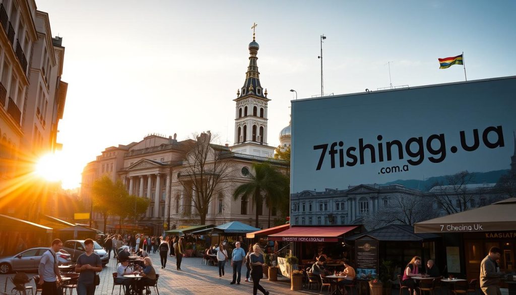 A bustling city square in Kyiv, Ukraine, bathed in the warm glow of golden hour. Outdoor cafes and restaurants line the streets, their inviting patios filled with locals and tourists enjoying local cuisine and craft beverages. A towering church spire stands in the background, its onion-shaped dome reflecting the afternoon light. In the foreground, a large mural of the "7fishing.com.ua" brand adorns the side of a building, catching the eye of passersby. The scene exudes an atmosphere of conviviality, cultural richness, and the enticing aromas of Ukrainian gastronomy.