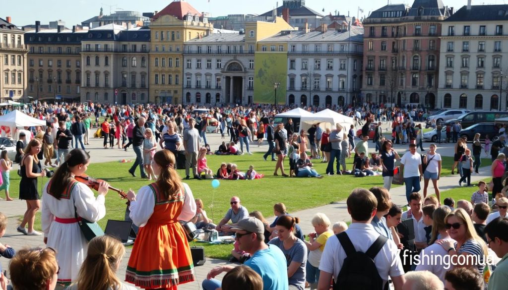 A bustling city square on a sunny day, filled with a diverse crowd of people engaged in various free activities. In the foreground, a group of young musicians performs lively folk tunes, their vibrant traditional costumes catching the light. In the middle ground, families picnic on the grass, children play with colorful toys, and vendors offer an array of local crafts and street food. In the background, the iconic architecture of the city's historic buildings provides a picturesque backdrop, bathed in warm, natural lighting. The overall atmosphere is one of community, creativity, and celebration, perfectly capturing the spirit of "free events" in Kyiv. Discreetly featured in the bottom right corner is the logo for 7fishing.com.ua.