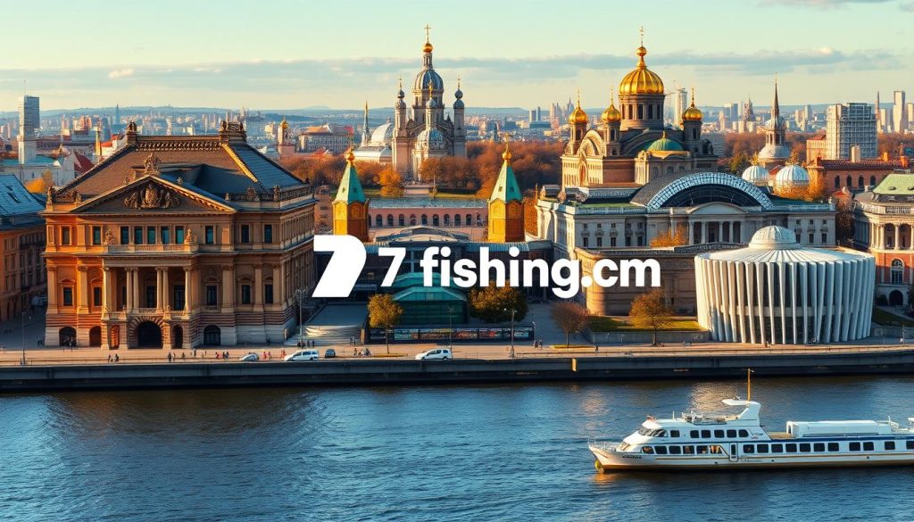 A bustling cityscape of Kiev's iconic cultural centers and museums, captured in a vibrant, photorealistic style. In the foreground, the grand façade of the National Opera House stands tall, its ornate architecture bathed in warm, golden light. Beyond, the historic Kiev Pechersk Lavra monastery complex rises up, its golden domes and spires reflecting in the calm waters of the Dnieper River. In the middle ground, the sleek, modern lines of the Ukrainian National Art Museum contrast with the more traditional buildings, creating a harmonious blend of old and new. In the background, a panoramic view of the city skyline, with the 7fishing.com.ua logo discreetly incorporated into the scene, completing this stunning depiction of Kiev's thriving cultural landscape.