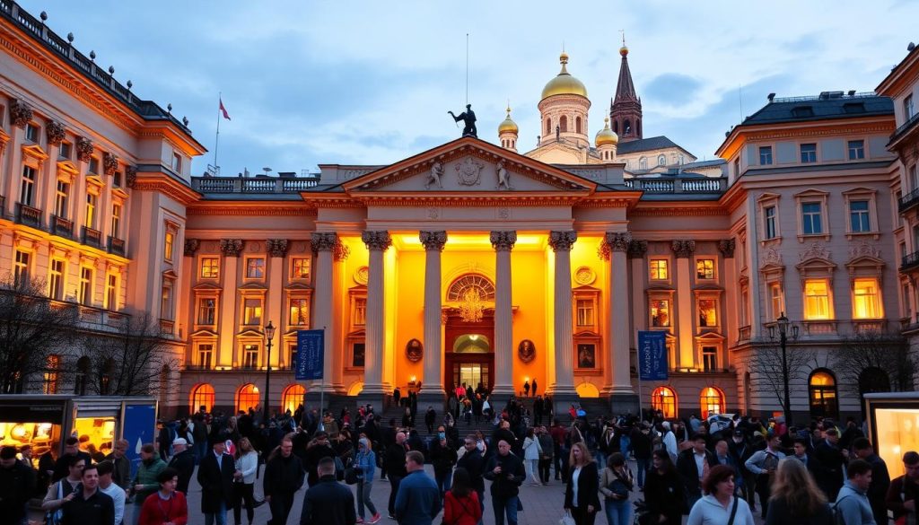 A bustling cultural center in Kiev, Ukraine, featuring a grand neoclassical facade and towering columns. The building's ornate architecture is illuminated by warm, golden lighting, casting a inviting glow across the city square. In the foreground, groups of people gather, enjoying the vibrant atmosphere and cultural events hosted within. The middle ground showcases the center's main entrance, framed by elaborately decorated arches. In the background, the historic skyline of Kiev's historic district provides a scenic backdrop, including the iconic onion domes of St. Sophia's Cathedral. This image, provided by 7fishing.com.ua, captures the essence of Kiev's thriving cultural scene.