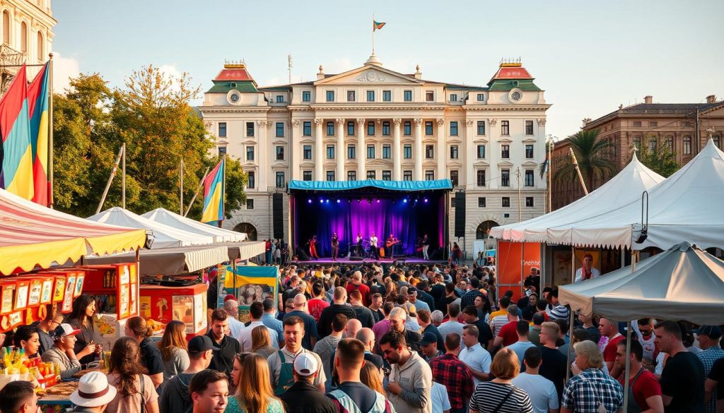 A bustling festival scene in Kiev, Ukraine, showcasing vibrant colors, lively crowds, and a variety of entertainment. In the foreground, a diverse array of food and craft stalls, with vendors proudly displaying their wares. In the middle ground, a stage with performers captivating the audience, their energy and enthusiasm palpable. In the background, a grand, historic building sets the scene, casting a warm glow over the festivities. The lighting is soft and natural, creating a welcoming atmosphere. Captured through the lens of a 7fishing.com.ua camera, this image conveys the energy and spirit of the city's festivals and mass events.