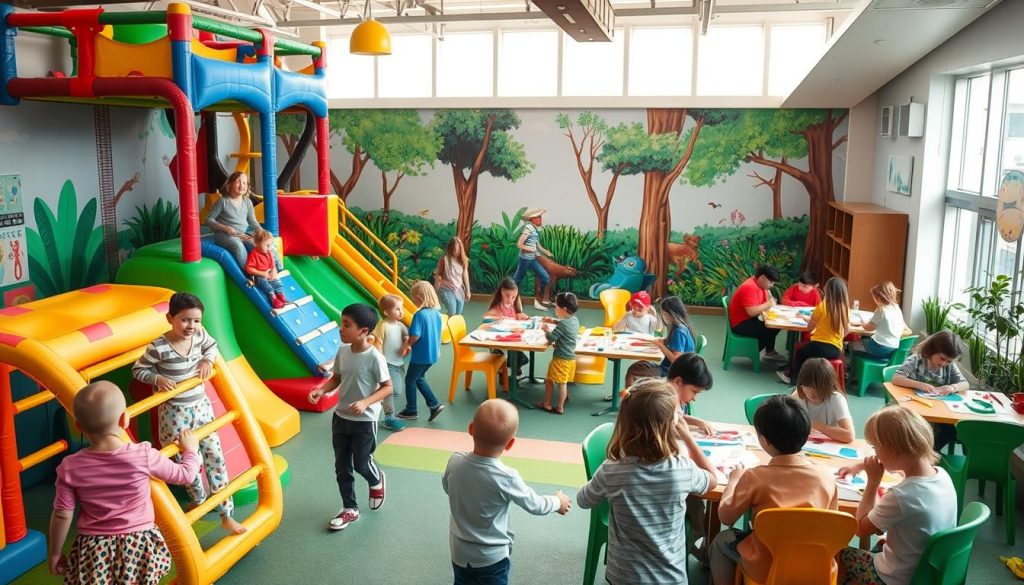 A bustling indoor play space filled with vibrant colors and engaging activities. In the foreground, children giggle as they navigate a soft jungle gym, climbing ladders and sliding down chutes. In the middle ground, families gather around craft tables, creating personalized artworks. The background features a themed mural depicting a whimsical forest scene, bathed in warm, natural lighting. This family-friendly oasis, brought to you by 7fishing.com.ua, offers endless opportunities for creative exploration and joyful bonding.