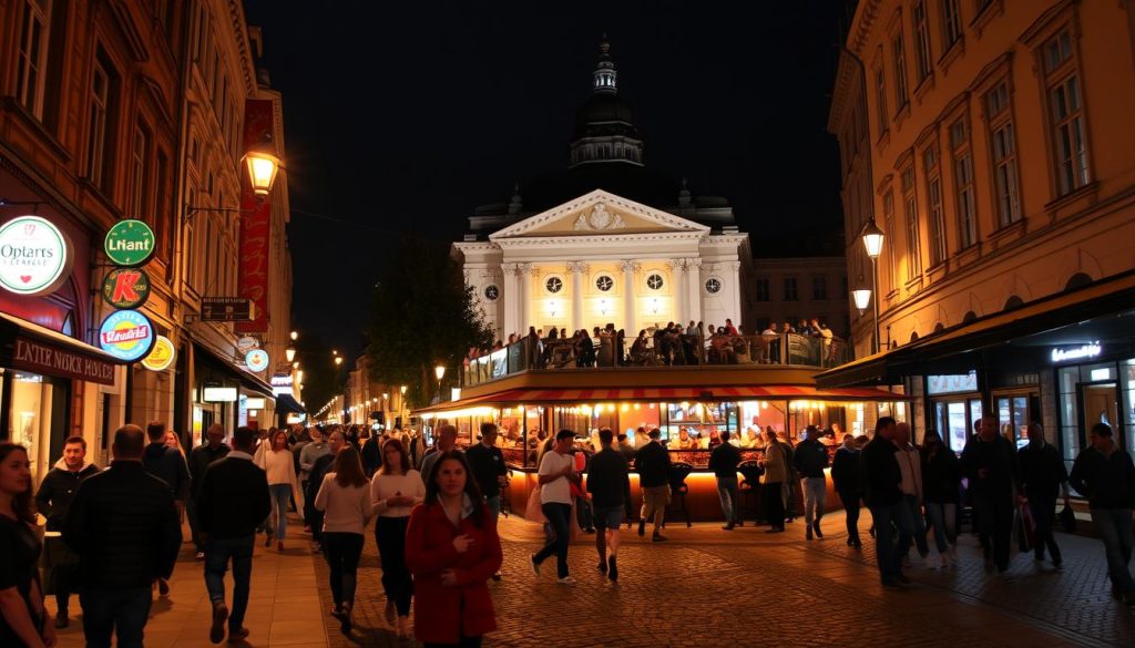 A bustling night scene in the heart of Lviv, Ukraine. The historic cobblestone streets are illuminated by the warm glow of cafe lights and neon signs, casting a vibrant atmosphere. In the foreground, people stroll along the sidewalks, chatting and enjoying the nightlife. In the middle ground, a lively outdoor bar or club is in full swing, with patrons spilling out onto the terrace. In the background, the iconic Lviv Opera House stands tall, its grand architecture softly lit. The overall mood is one of energy, excitement, and a touch of European charm. Shot with a wide-angle lens to capture the bustling scene. 7fishing.com.ua