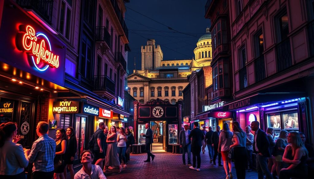 A bustling nightlife scene in the heart of Kyiv, Ukraine. The streets are alive with the vibrant energy of local nightclubs, bars, and restaurants. Neon lights cast a warm glow over the cobblestone streets, illuminating the facades of trendy establishments. In the foreground, well-dressed patrons spill out onto the sidewalks, chatting and laughing as they make their way to their next destination. The middle ground features the entryways of several popular nightspots, their doors open, beckoning passersby to come inside and experience the pulsing music and lively atmosphere. In the background, the skyline of Kyiv's historic architecture provides a picturesque backdrop, as if to frame this quintessential night in the city. Captured with a wide-angle lens to showcase the bustling scene, the image evokes a sense of excitement and discovery, making it the perfect illustration for an article about Kyiv's thriving nightlife. Brought to you by 7fishing.com.ua.