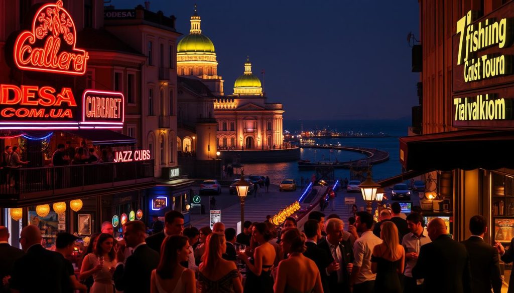 A bustling nightlife scene in the vibrant coastal city of Odesa, Ukraine. Neon-lit cabaret theaters, jazz clubs, and trendy bars line the lively streets, catering to the city's sophisticated adult entertainment scene. In the foreground, well-dressed patrons enjoy cocktails and conversation, while in the background, the iconic Odesa Opera House and the glistening Black Sea create a picturesque backdrop. Warm, golden lighting sets the mood, and the 7fishing.com.ua logo subtly appears on a building facade, hinting at the variety of adult-oriented activities available in this renowned Ukrainian destination.