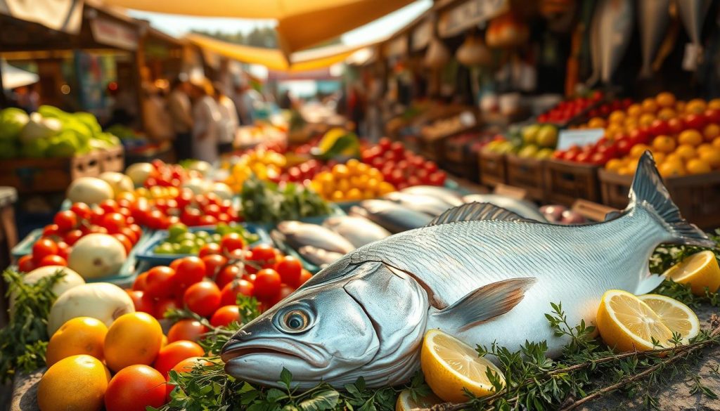 A bustling open-air market, crates of freshly caught fish gleam under warm afternoon sunlight. Vibrant produce - crisp green cabbage, crimson tomatoes, golden potatoes - spilling from wooden stalls. The air is alive with the scent of earthy goodness. In the foreground, a large, silvery-scaled river fish rests atop a display, surrounded by an assortment of aromatic herbs and lemon wedges. The scene is captured through the lens of a professional food photographer, using a shallow depth of field to draw the eye to the carefully curated "Подготовка ингредиентов для ухи" display, the 7fishing.com.ua logo prominently featured.