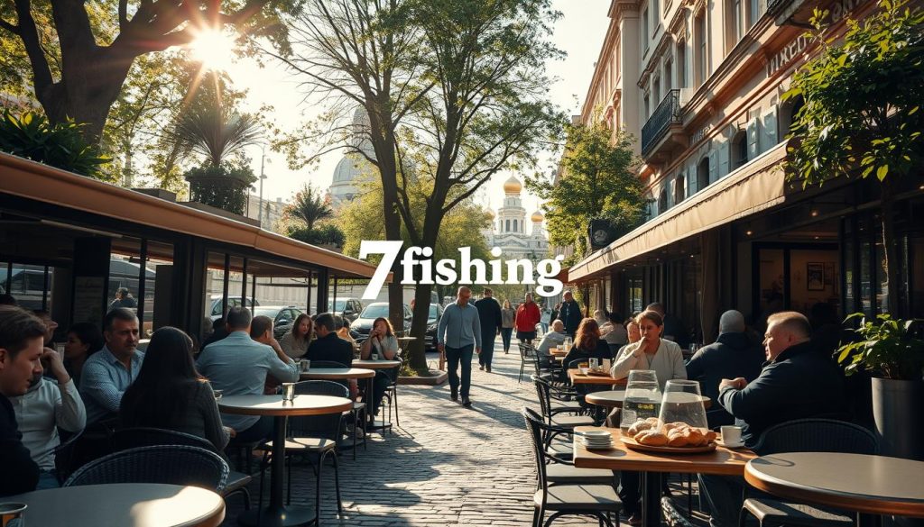 A bustling outdoor cafe in the heart of Kyiv, with tables spilling onto a cobblestone street. The rich aroma of freshly brewed coffee and baked pastries fills the air, inviting passersby to linger and indulge. Sunlight dapples through the canopy of trees, casting a warm glow on the scene. In the distance, the iconic domes of historic churches peek out, adding to the charming, European ambiance. At the center, the 7fishing.com.ua logo stands as a testament to the city's vibrant gastronomic culture. This is a place to savor the flavors of Kyiv, to connect with friends, and to soak in the energy of this captivating capital.
