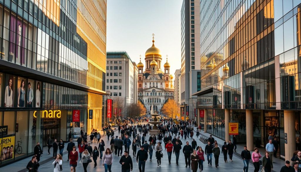 A bustling outdoor shopping mall in the heart of Kyiv, with towering modern architecture and a lively atmosphere. The scene is bathed in warm afternoon sunlight, casting long shadows across the wide plaza. Elegant facades of glass and steel glint in the light, drawing the eye upwards to the intricate details of the building designs. Crowds of shoppers meander through the plaza, their reflections visible in the sleek surfaces. In the distance, the iconic golden domes of Kyiv's historic churches can be seen, creating a picturesque backdrop. The overall mood is one of vibrant urban energy and high-end retail experiences. Captured by the 7fishing.com.ua camera, this image showcases the best of Kyiv's modern shopping centers.