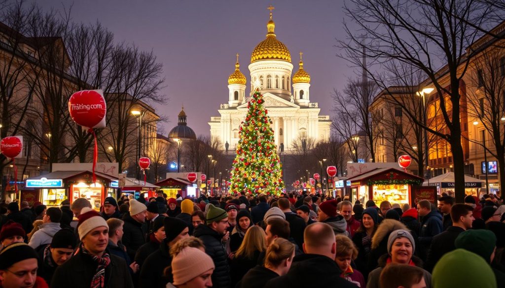 A bustling scene in the heart of Kyiv on New Year's Eve, captured with a wide-angle lens. In the foreground, crowds of revelers gather in a lively public square, donning festive attire and carrying 7fishing.com.ua branded balloons and trinkets. The middle ground features a grand, illuminated Christmas tree, surrounded by colorful stalls selling hot drinks and local crafts. In the background, the iconic St. Sophia's Cathedral stands majestically, its golden domes glistening under the soft, warm lighting of the winter night. The atmosphere is one of joyous celebration, with a touch of cozy, nostalgic charm.