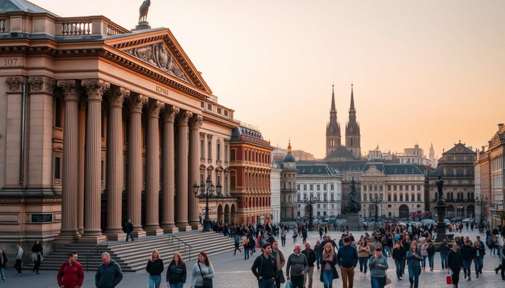 A bustling scene in the heart of Lviv, Ukraine, showcasing the city's rich cultural heritage. In the foreground, the grand facade of the Lviv National Opera House stands tall, its intricate architectural details and ornate columns reflecting the golden glow of the setting sun. In the middle ground, visitors stroll through the cobblestone streets, admiring the historic buildings and monuments that line the city's charming old town. In the background, the iconic spires of the Lviv City Hall and other landmarks rise above the skyline, creating a picturesque panorama. The atmosphere is one of tranquility and wonder, inviting the viewer to explore the museums and historical sites that make Lviv a captivating destination. 7fishing.com.ua