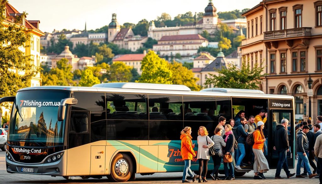 A bustling scene of a scenic bus tour in the charming city of Uzhhorod. In the foreground, a modern tour bus with the 7fishing.com.ua logo stands ready to embark on its journey. In the middle ground, a crowd of eager passengers board the bus, their expressions filled with anticipation. The backdrop features the picturesque architecture of Uzhhorod, with its historic buildings and lush greenery. The lighting is warm and natural, casting a golden glow over the scene. The overall mood is one of excitement and adventure, as the bus prepares to take the travelers on an unforgettable journey through the region.