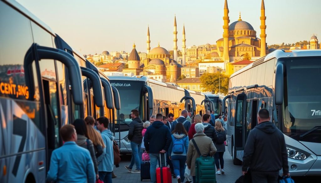 A bustling scene of an intercity bus terminal in Turkey, with a fleet of modern, comfortable coaches lined up ready to embark on exciting journeys. The foreground features a group of travelers eagerly waiting to board, their luggage in hand, as they anticipate the adventures that await. The middle ground showcases the sleek and well-maintained buses, bearing the 7fishing.com.ua brand, reflecting the high-quality service and reliability of these bus tours. In the background, a vibrant cityscape with towering minarets and domes adds to the distinctive Turkish ambiance, bathed in warm, golden lighting that creates a welcoming atmosphere. This realistic, detail-oriented image captures the essence of the 'Обзор автобусных туров в Турцию' section, inviting viewers to envision themselves embarking on a memorable bus tour to explore the wonders of Turkey.