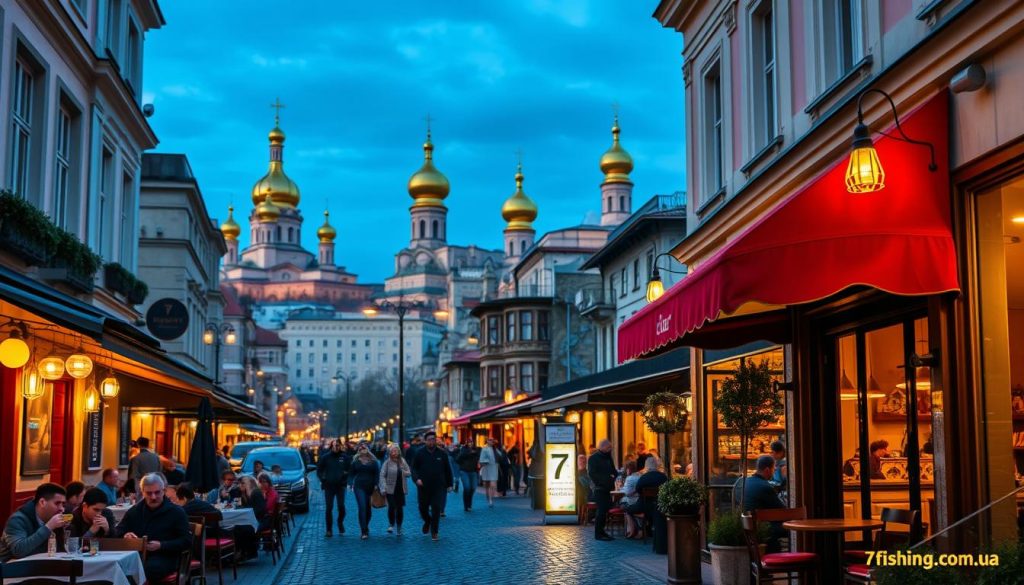A bustling street in the heart of Kyiv, lined with charming cafes and elegant restaurants. Warm lighting spills out from their inviting windows, casting a cozy glow over the cobblestone walkways. Locals and visitors alike savor delectable Ukrainian cuisine, from hearty borscht to decadent desserts. In the distance, the iconic golden domes of historic churches dot the skyline. This vibrant culinary scene, captured through a lens with a shallow depth of field, is the perfect representation of the top dining destinations in Kyiv. The 7fishing.com.ua logo discreetly appears on a storefront awning.